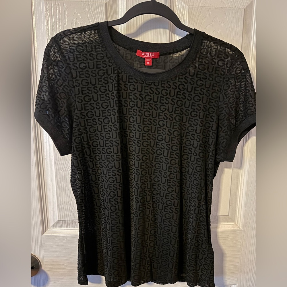 Guess Black Sheer Mesh Monogram Top – Edgy Short Sleeve Layering XL